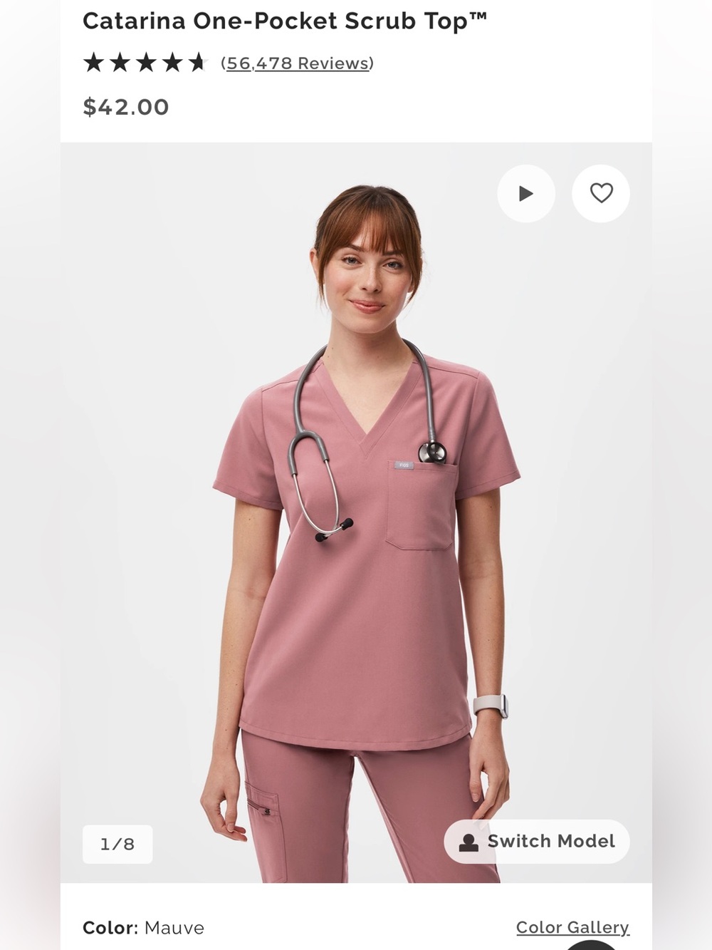 FIGS Women’s Mauve One Pocket Catrina Scrub Top